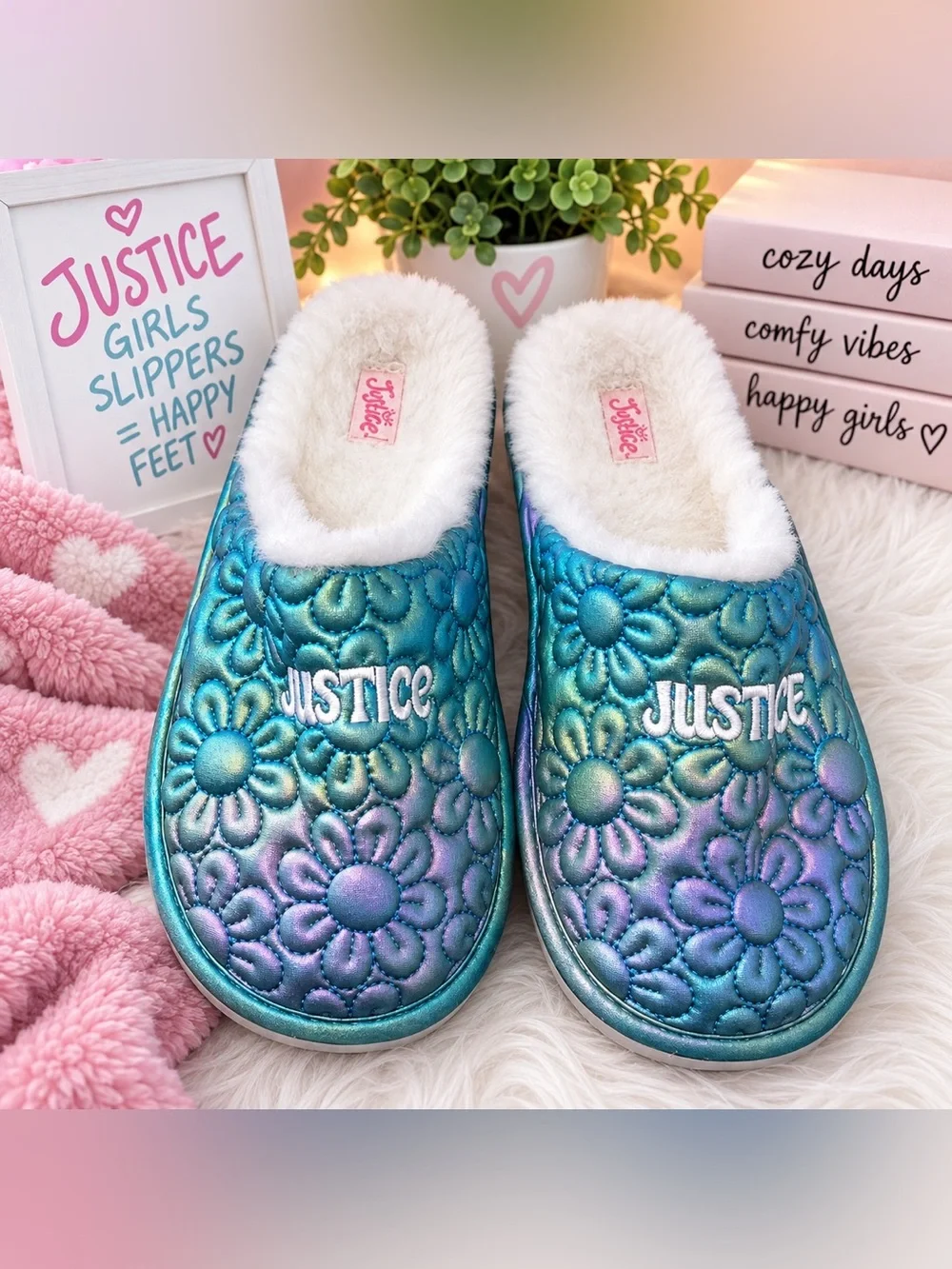 Justice Girls’ Faux Fur Slippers – Iridescent Floral – Size 4–5